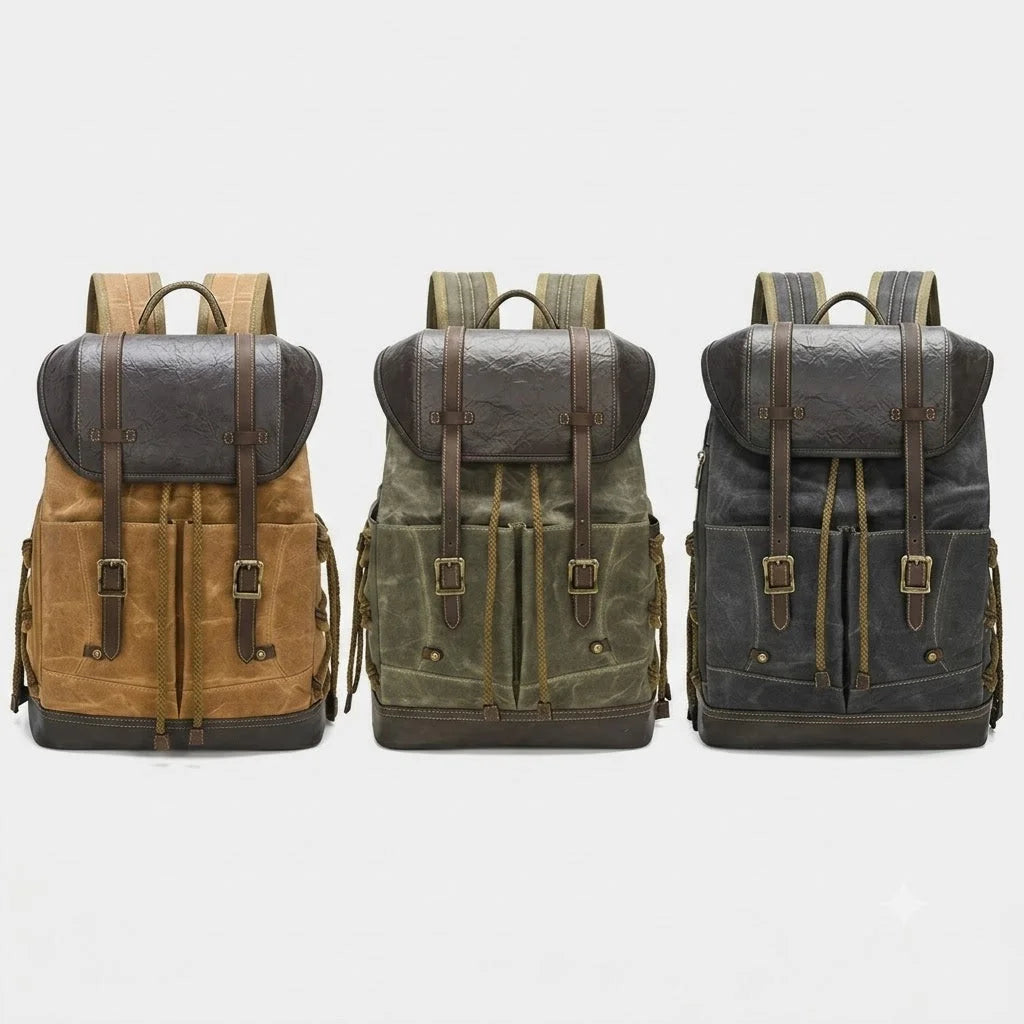 Men’s Waxed Canvas Backpack - Vintage Flap Laptop Rucksack