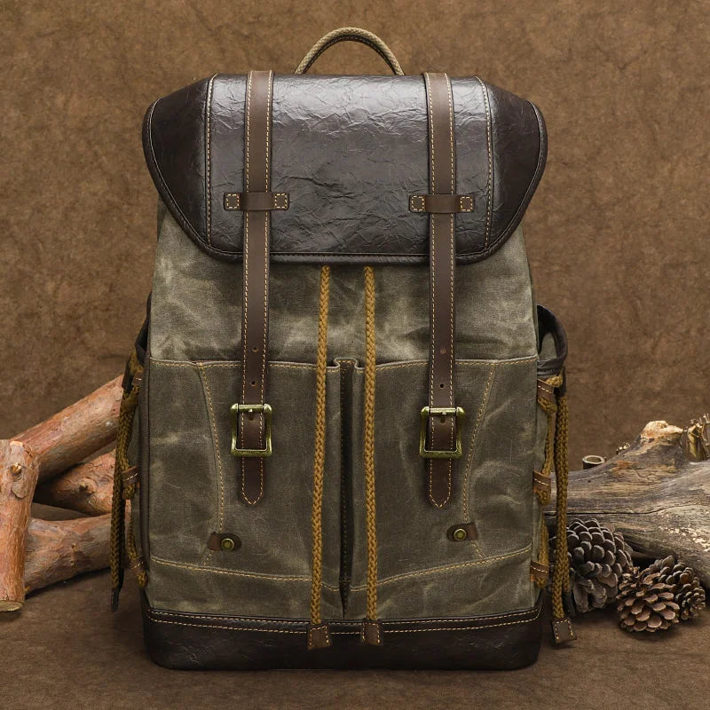 Men’s Waxed Canvas Backpack - Vintage Flap Laptop Rucksack