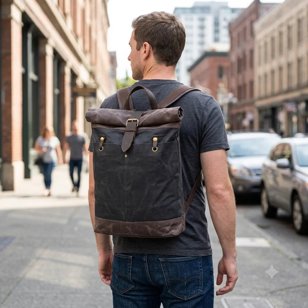 Men’s Waxed Canvas Backpack - Water-Resistant Rolltop Rucksack