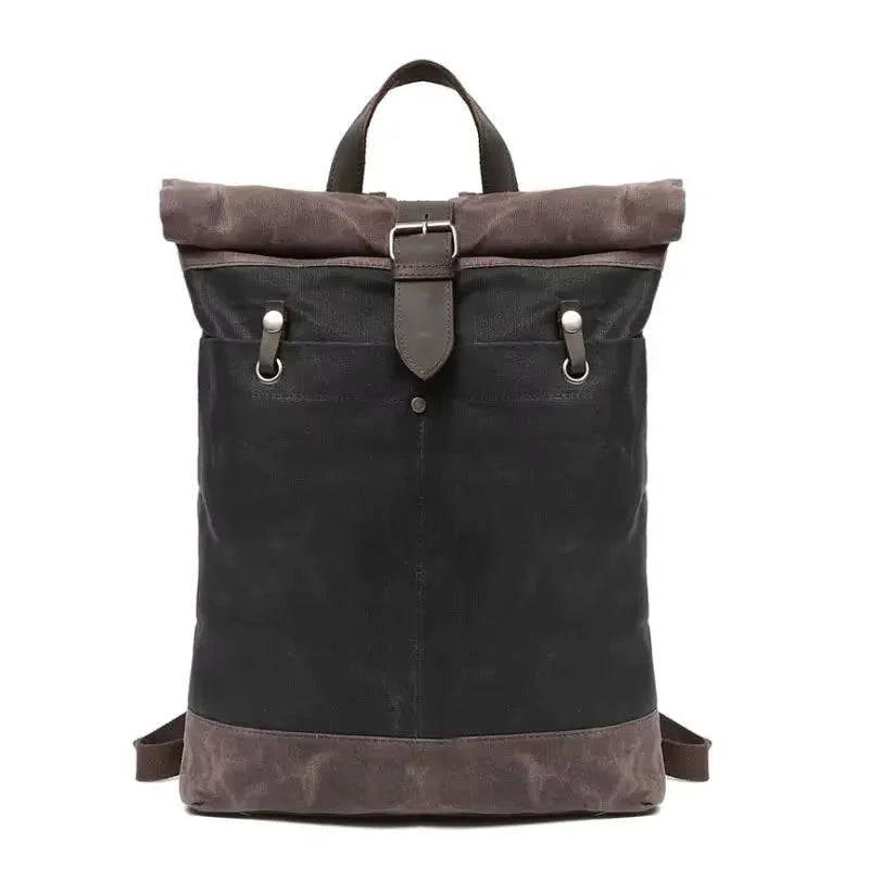 Men’s Waxed Canvas Backpack - Water-Resistant Rolltop Rucksack - Black