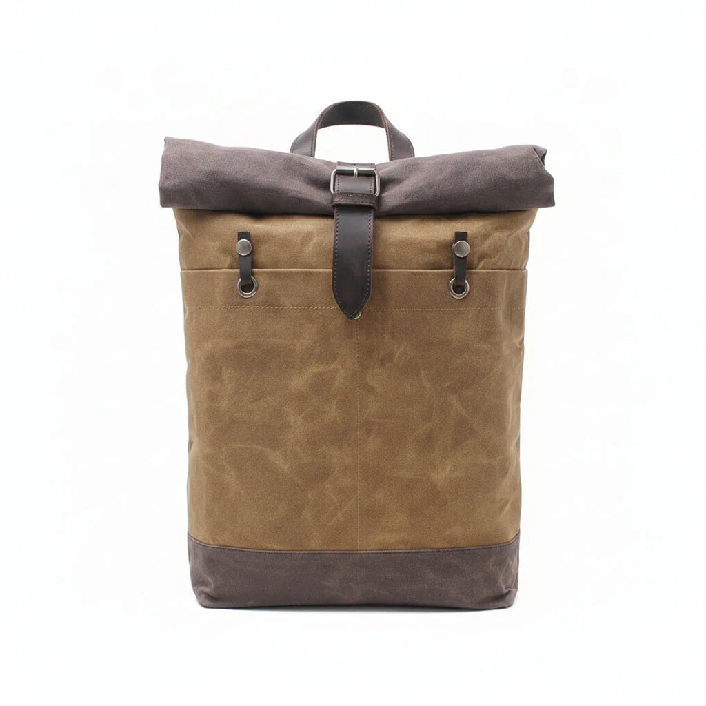 Men’s Waxed Canvas Backpack - Water-Resistant Rolltop Rucksack - Brown