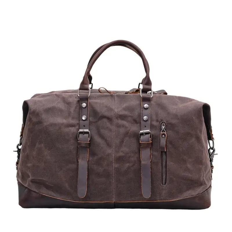 Men’s Waxed Canvas Duffle Bag – Vintage Leather Trim Weekender - Chocolate