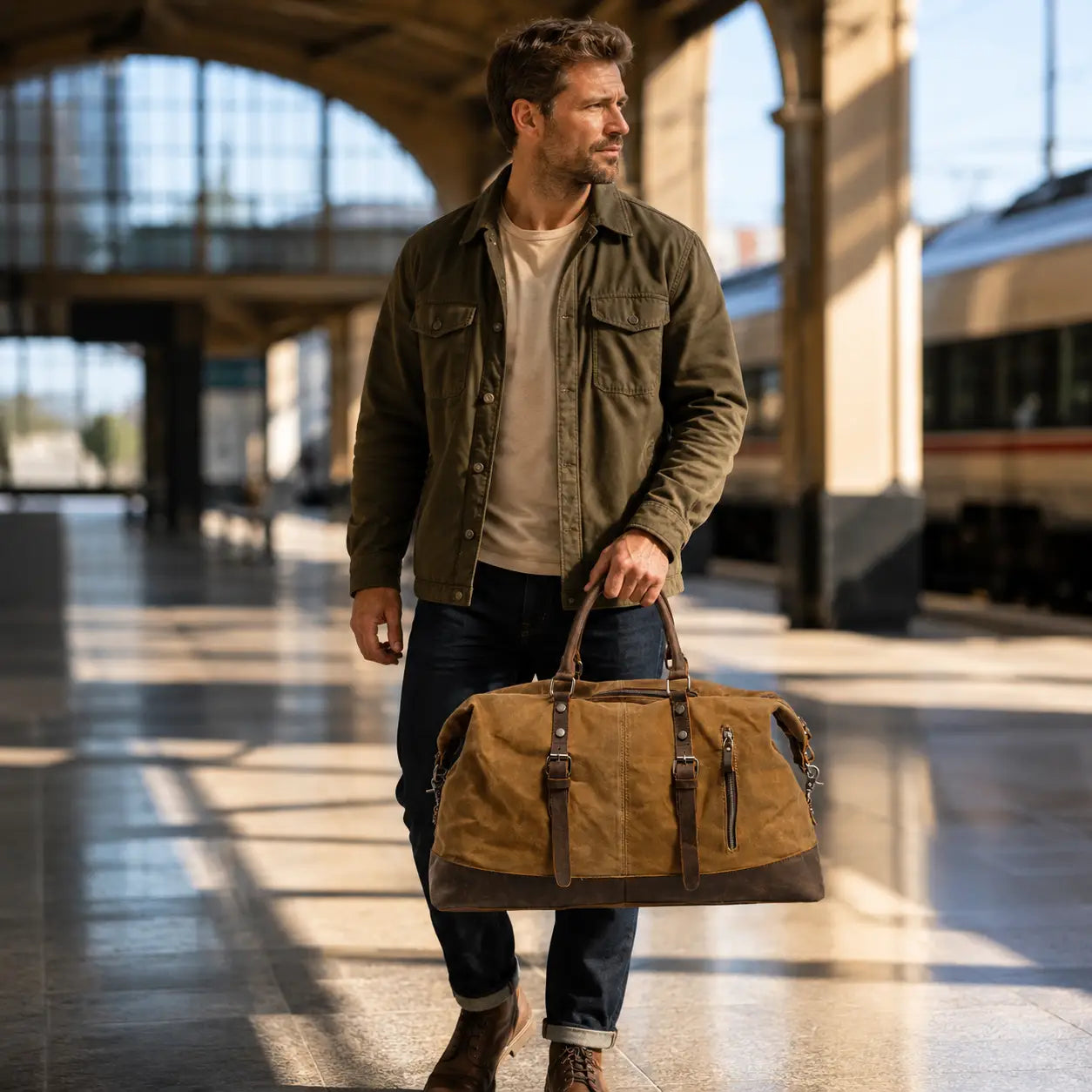 Men’s Waxed Canvas Duffle Bag – Vintage Leather Trim Weekender