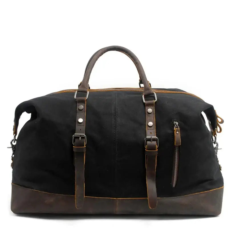Men’s Waxed Canvas Duffle Bag – Vintage Leather Trim Weekender - Black