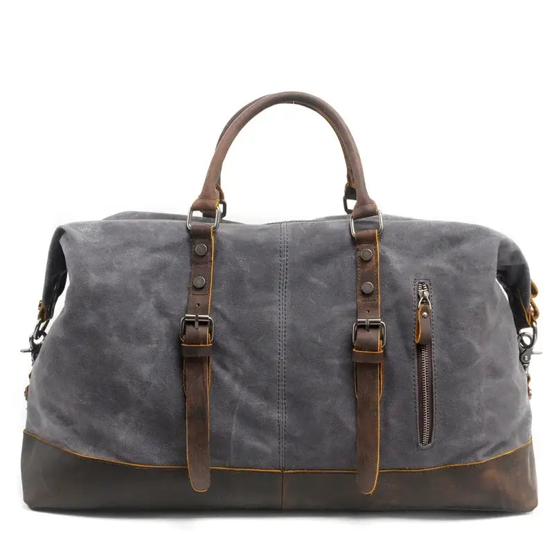 Men’s Waxed Canvas Duffle Bag – Vintage Leather Trim Weekender - Dark gray