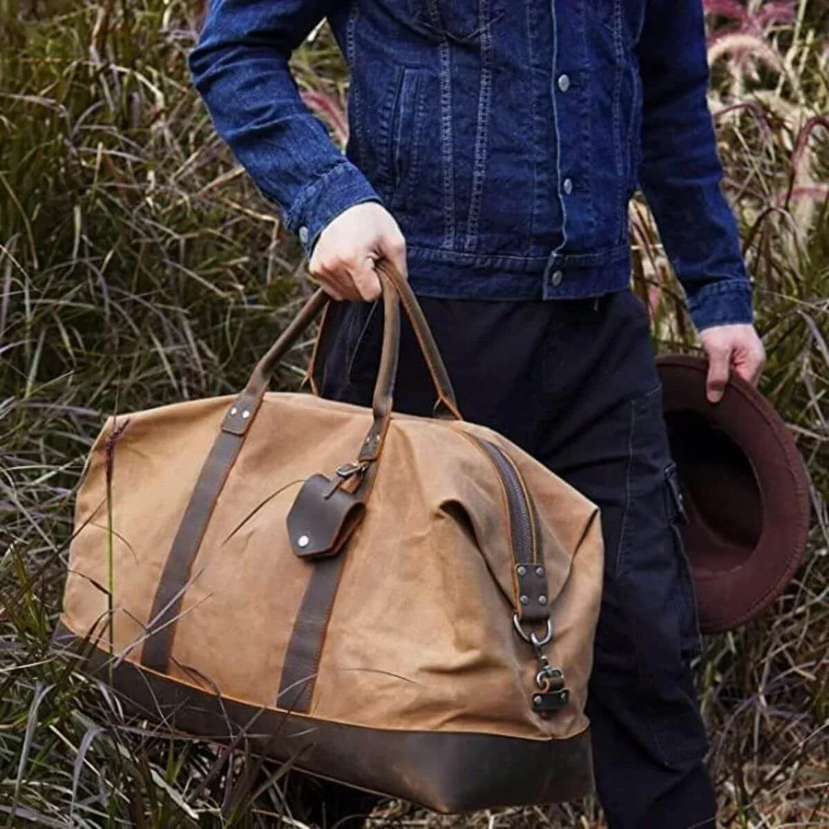 Men’s Waxed Canvas Duffle Bag with Leather Base for Weekend Travel