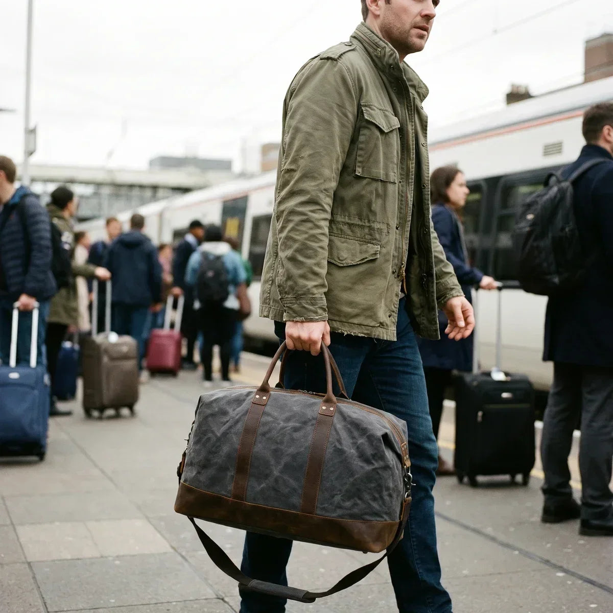 Men’s Waxed Canvas Duffle Bag with Leather Base for Weekend Travel