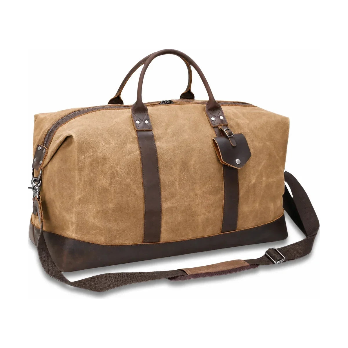 Men’s Waxed Canvas Duffle Bag with Leather Base for Weekend Travel - Khaki