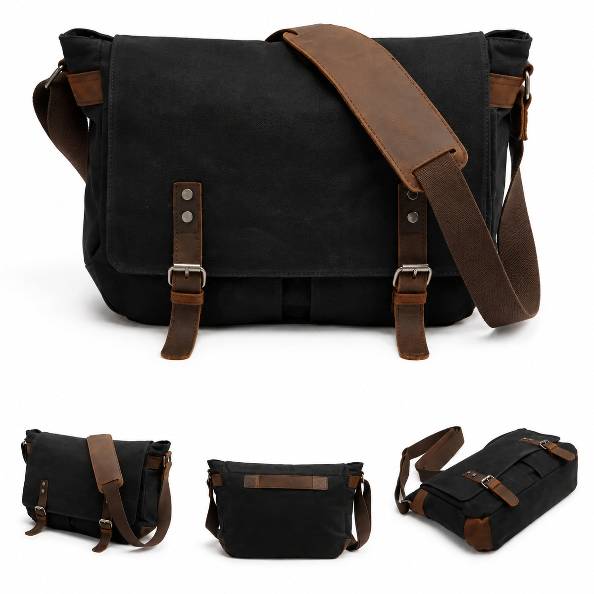 Men’s Waxed Canvas Messenger Bag - Leather Trim Buckle Flap Bag