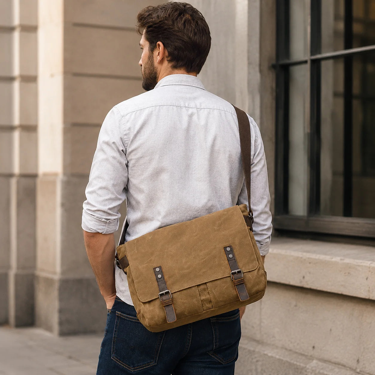 Men’s Waxed Canvas Messenger Bag - Leather Trim Buckle Flap Bag