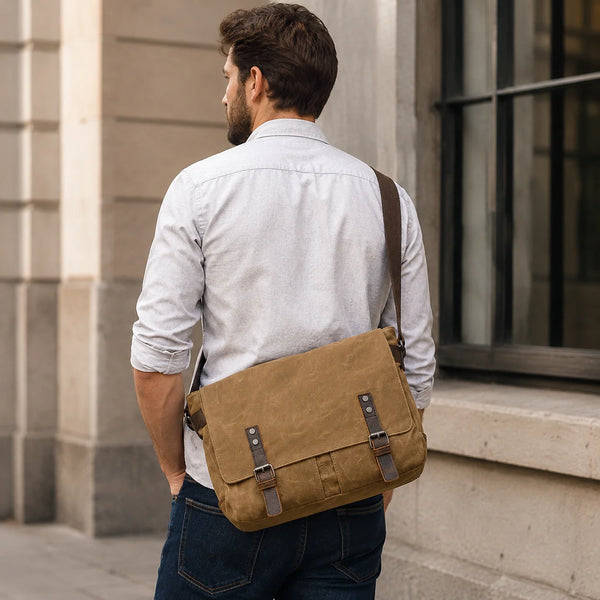 Men's Waxed Canvas Messenger Bag - Leather Trim Buckle Flap Bag