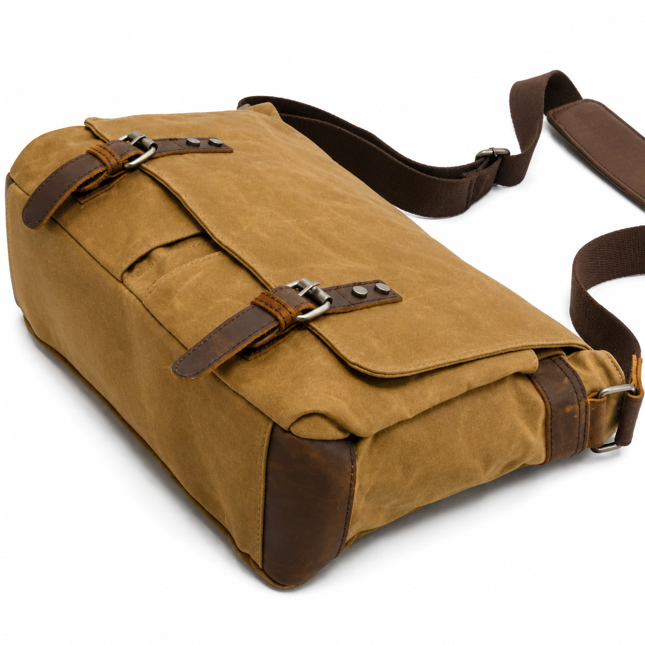 Men’s Waxed Canvas Messenger Bag - Leather Trim Buckle Flap Bag