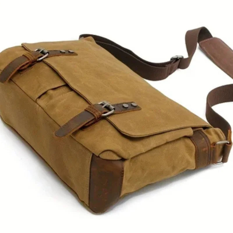 Men’s Waxed Canvas Messenger Bag - Leather Trim Buckle Flap Bag