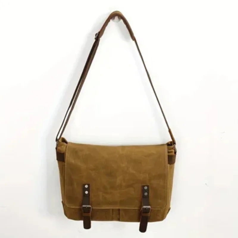 Men’s Waxed Canvas Messenger Bag - Leather Trim Buckle Flap Bag