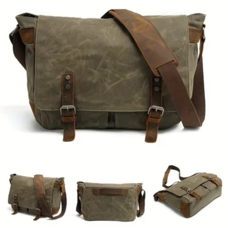 Men’s Waxed Canvas Messenger Bag - Leather Trim Buckle Flap Bag