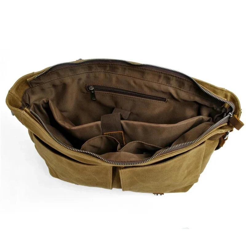 Men’s Waxed Canvas Messenger Bag - Leather Trim Buckle Flap Bag