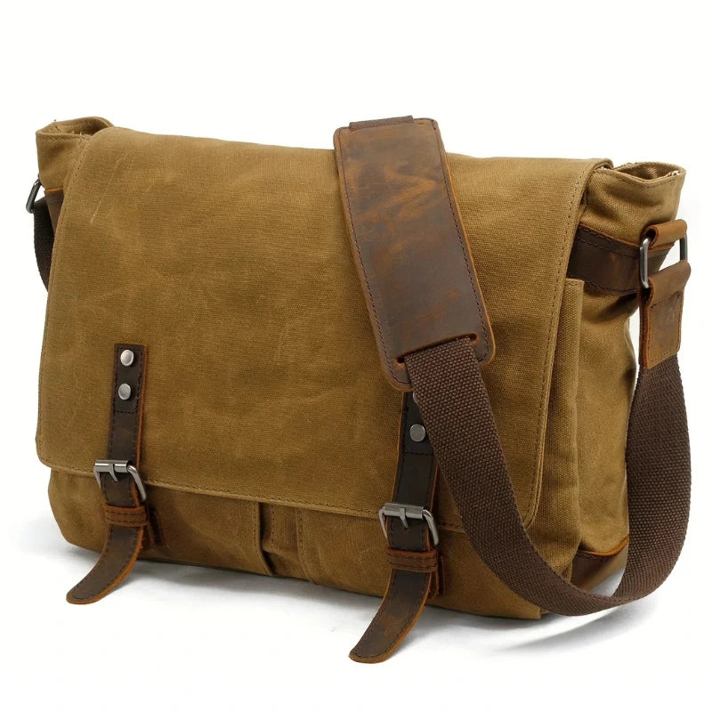 Men’s Waxed Canvas Messenger Bag - Leather Trim Buckle Flap Bag
