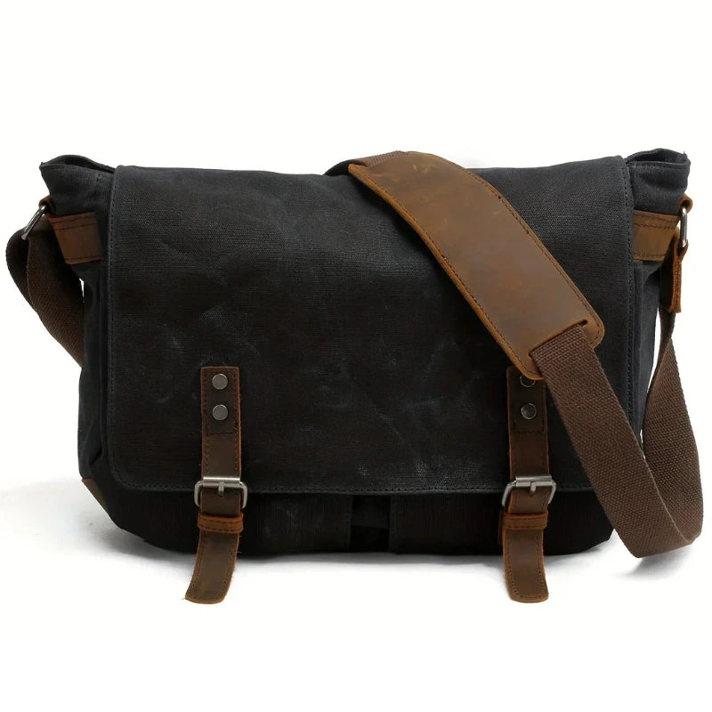 Men’s Waxed Canvas Messenger Bag - Leather Trim Buckle Flap Bag - Black