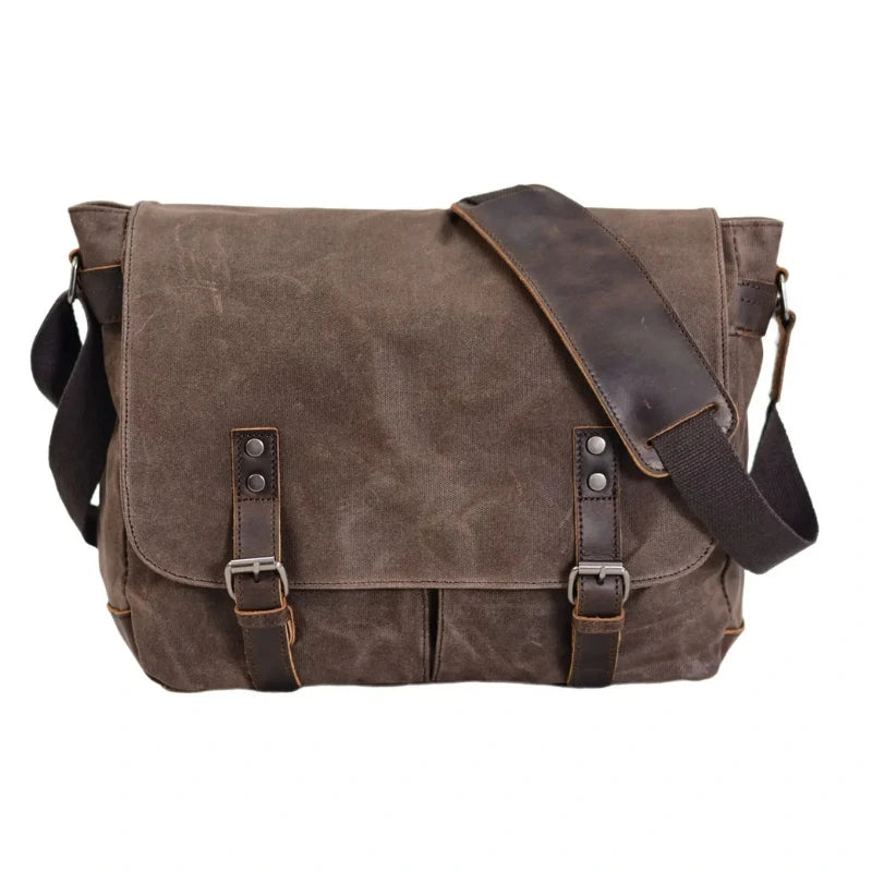 Men’s Waxed Canvas Messenger Bag - Leather Trim Buckle Flap Bag - Brown
