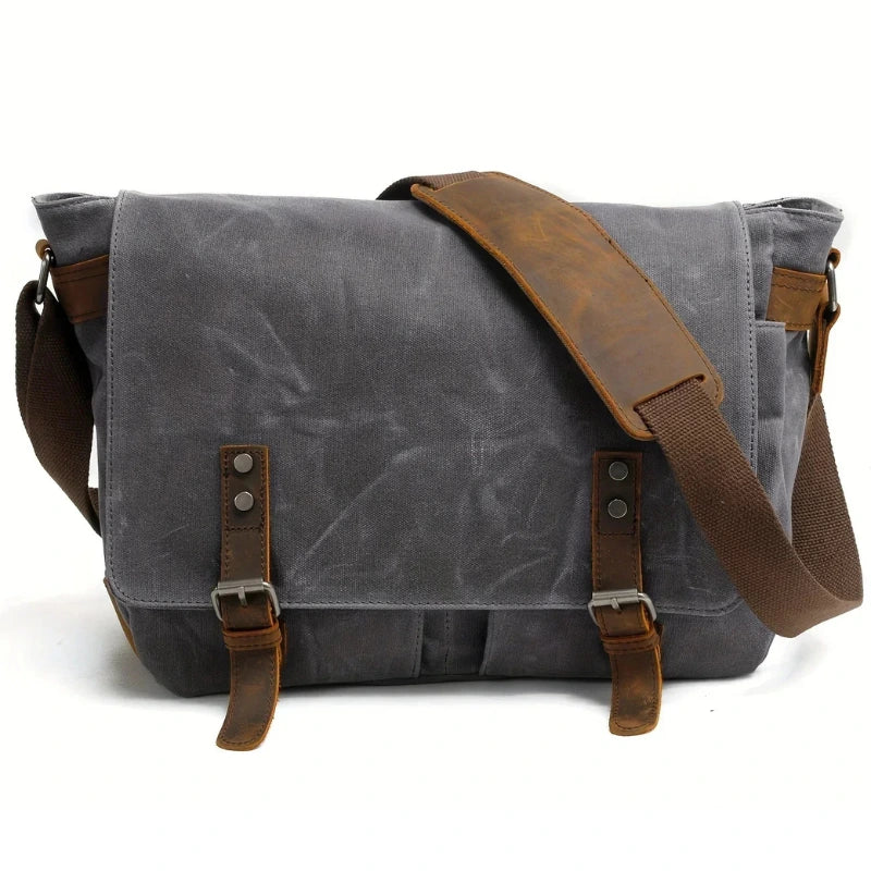 Men’s Waxed Canvas Messenger Bag - Leather Trim Buckle Flap Bag - Dark Gray