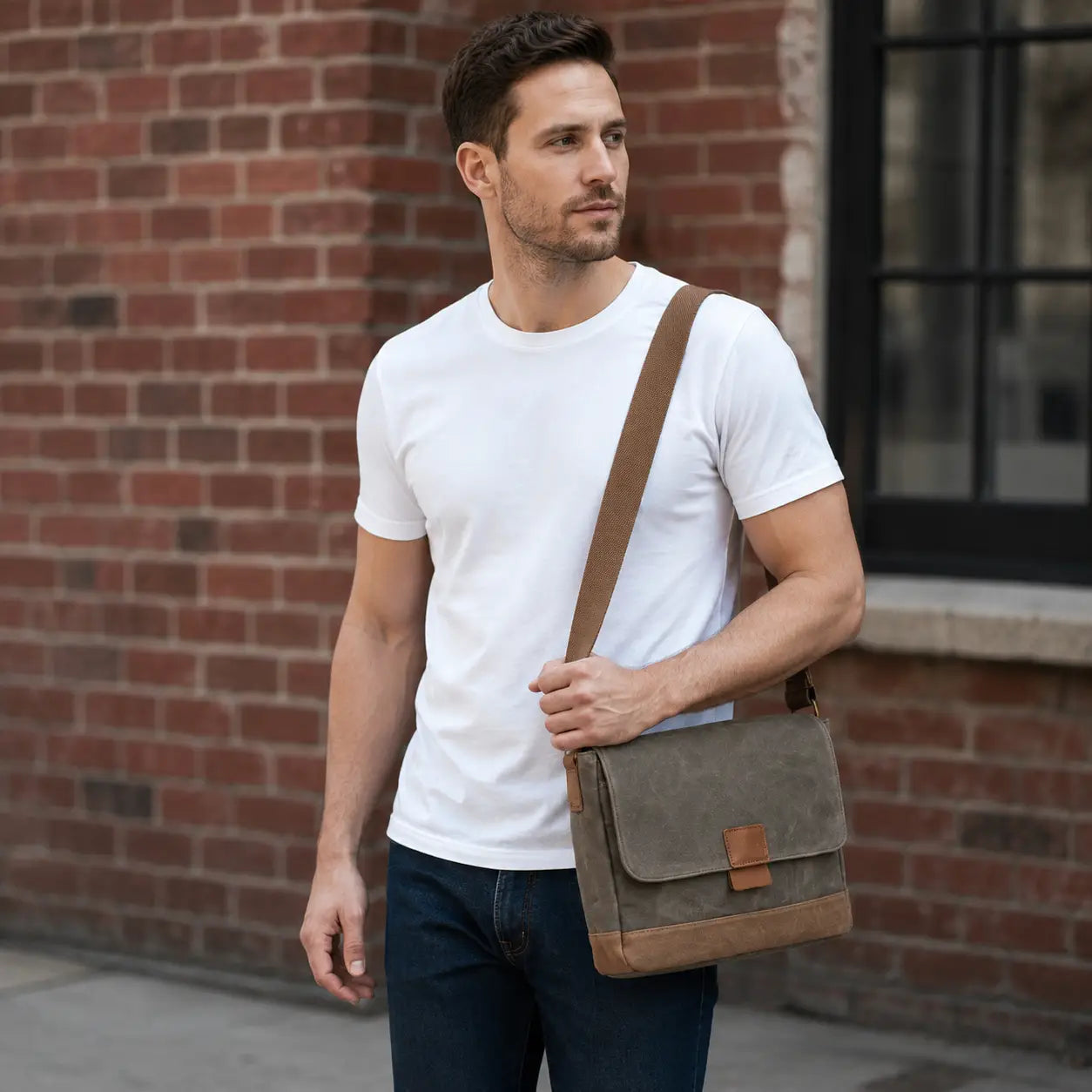 Men’s Waxed Canvas Messenger Bag – Leather-Trim Flap