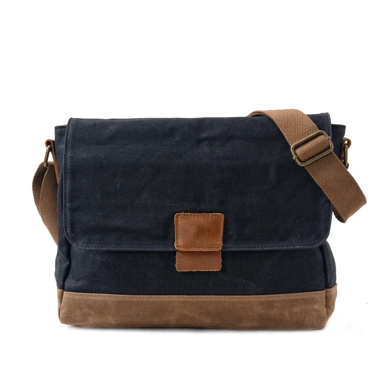 Men’s Waxed Canvas Messenger Bag – Leather-Trim Flap - Black
