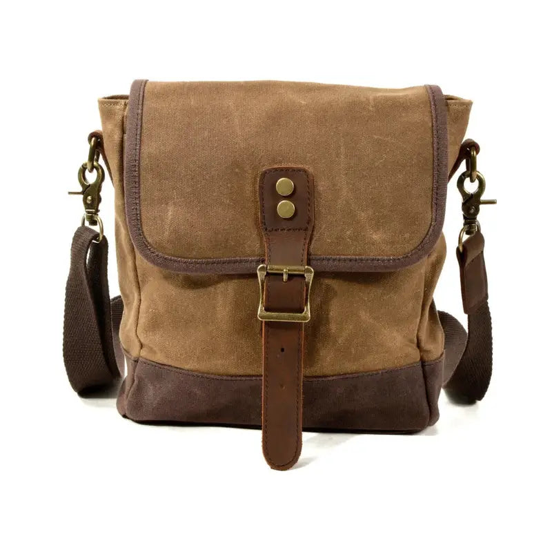Men’s Waxed Canvas Messenger Bag – Small Vintage Flap Closure - Brown