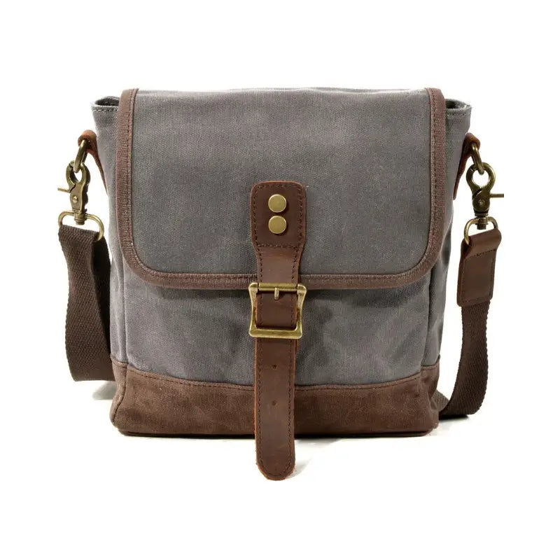 Men’s Waxed Canvas Messenger Bag – Small Vintage Flap Closure - Grey