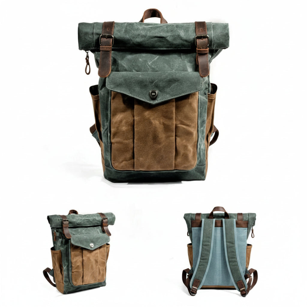 Men’s Waxed Canvas Roll Top Backpack - 3-Pocket Utility Rucksack