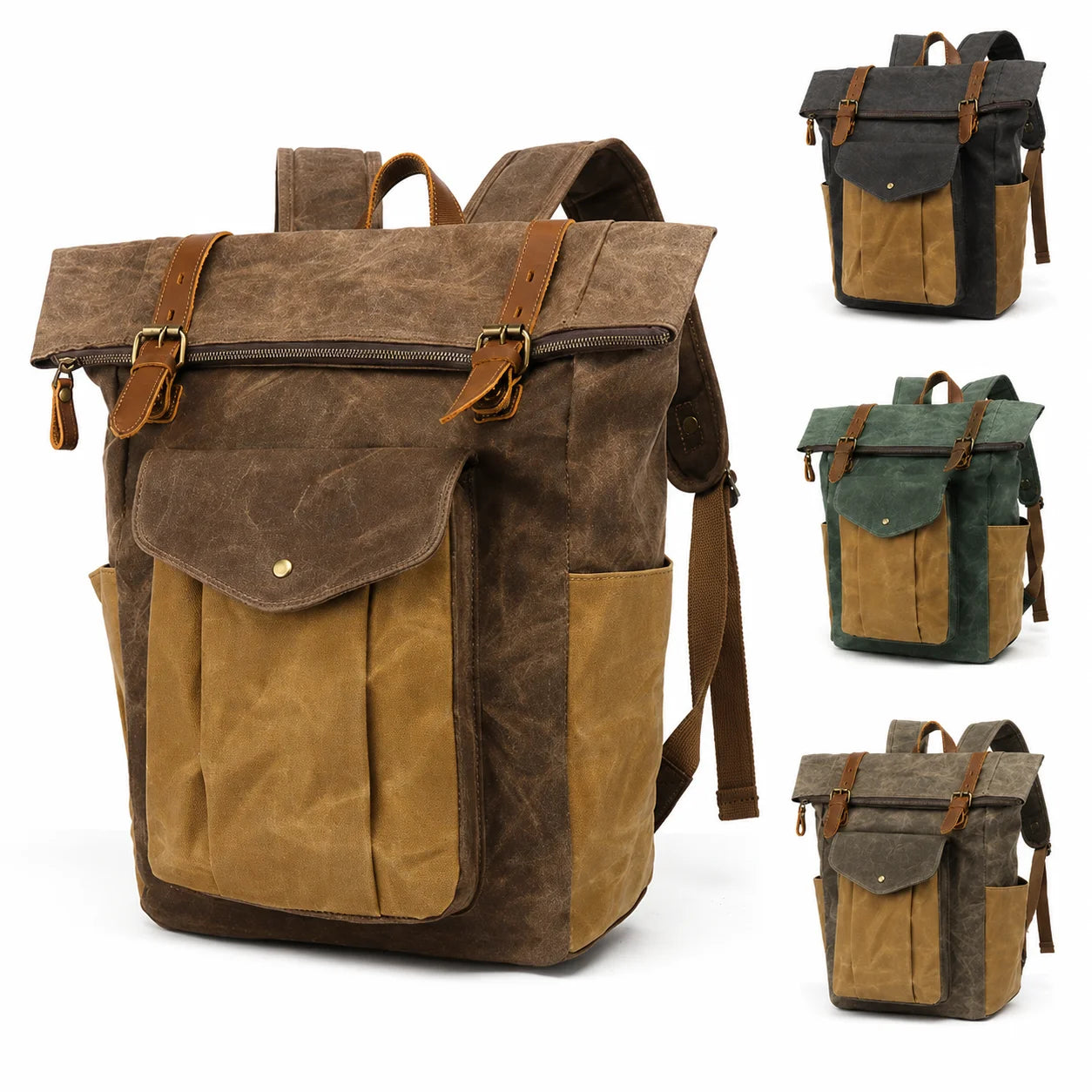 Men’s Waxed Canvas Roll Top Backpack - 3-Pocket Utility Rucksack