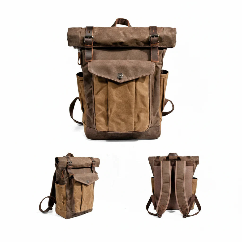 Men’s Waxed Canvas Roll Top Backpack - 3-Pocket Utility Rucksack
