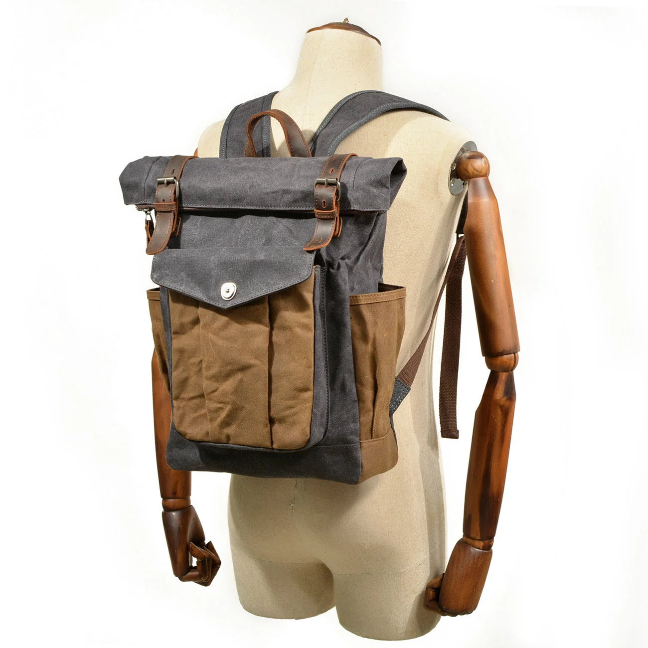 Men’s Waxed Canvas Roll Top Backpack - 3-Pocket Utility Rucksack