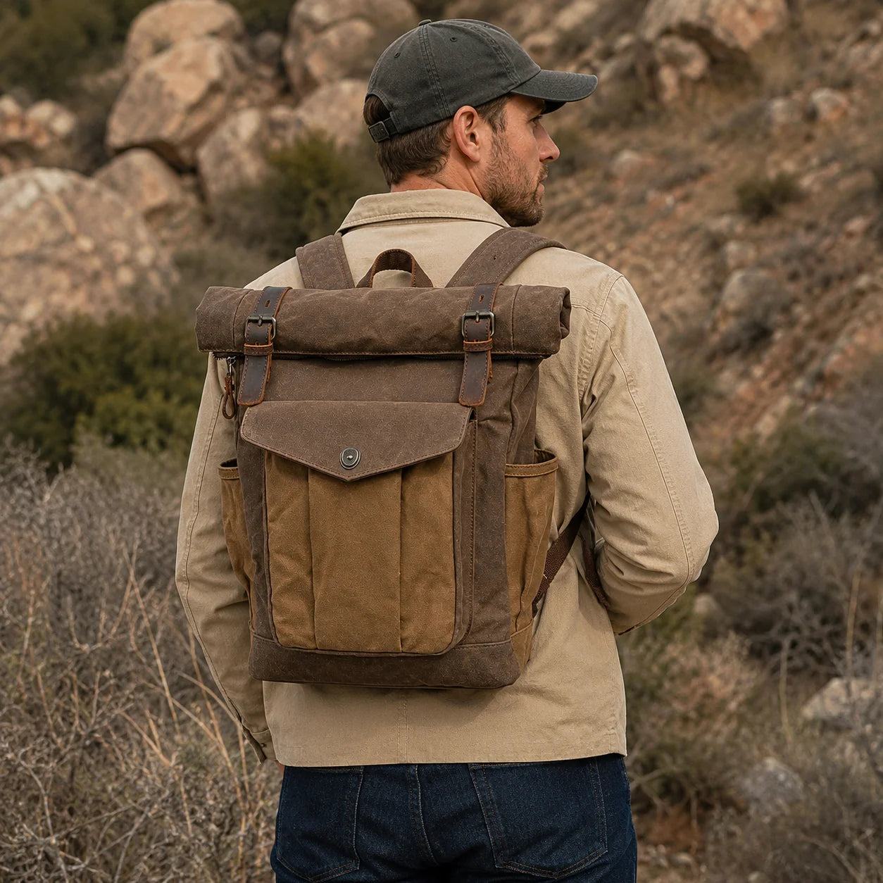 Men’s Waxed Canvas Roll Top Backpack - 3-Pocket Utility Rucksack