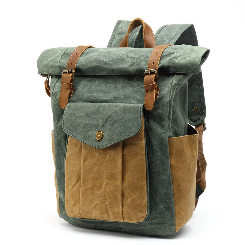 Men’s Waxed Canvas Roll Top Backpack - 3-Pocket Utility Rucksack