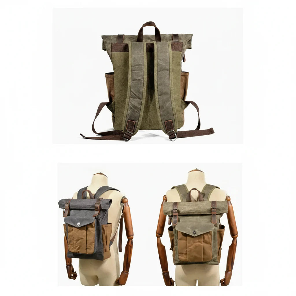 Men’s Waxed Canvas Roll Top Backpack - 3-Pocket Utility Rucksack