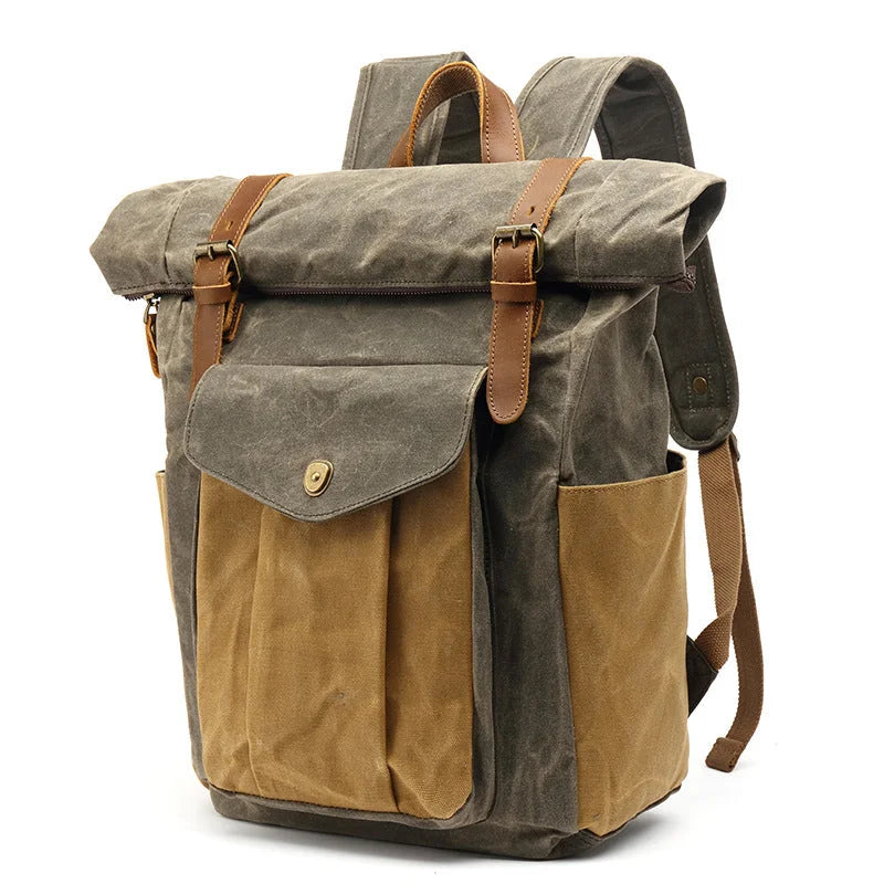 Men’s Waxed Canvas Roll Top Backpack - 3-Pocket Utility Rucksack