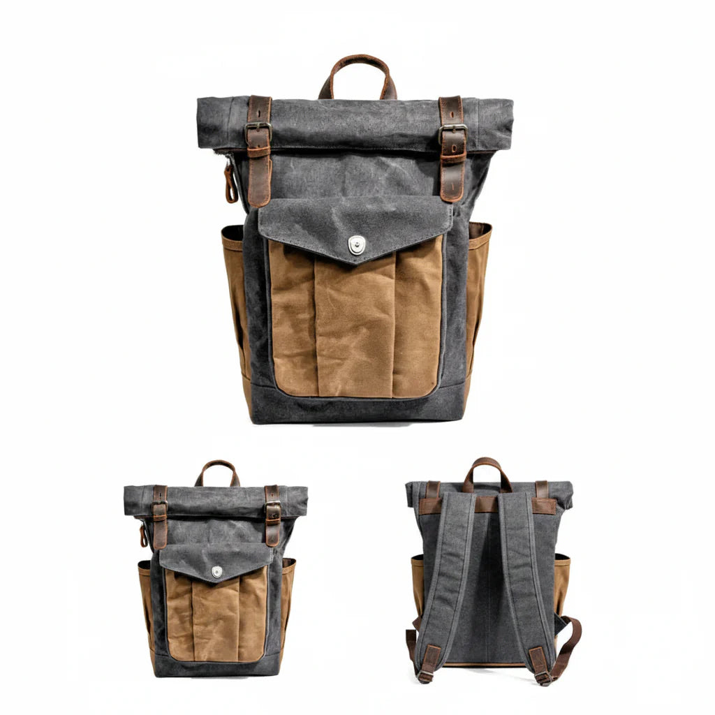 Men’s Waxed Canvas Roll Top Backpack - 3-Pocket Utility Rucksack