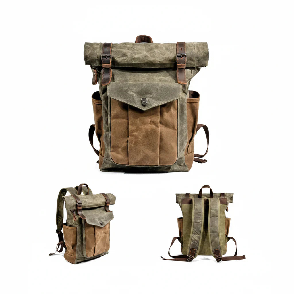 Men’s Waxed Canvas Roll Top Backpack - 3-Pocket Utility Rucksack