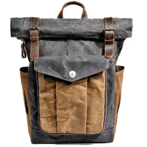 Men’s Waxed Canvas Roll Top Backpack - 3-Pocket Utility Rucksack - Dark gray