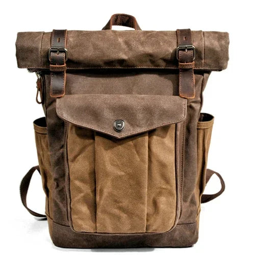 Men’s Waxed Canvas Roll Top Backpack - 3-Pocket Utility Rucksack - Dark brown