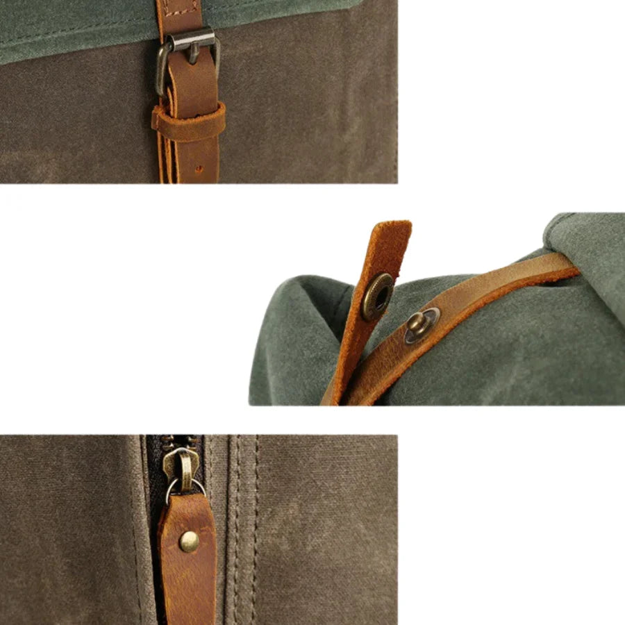 Men’s Waxed Canvas Roll Top Backpack - Crazy Horse Leather Trim