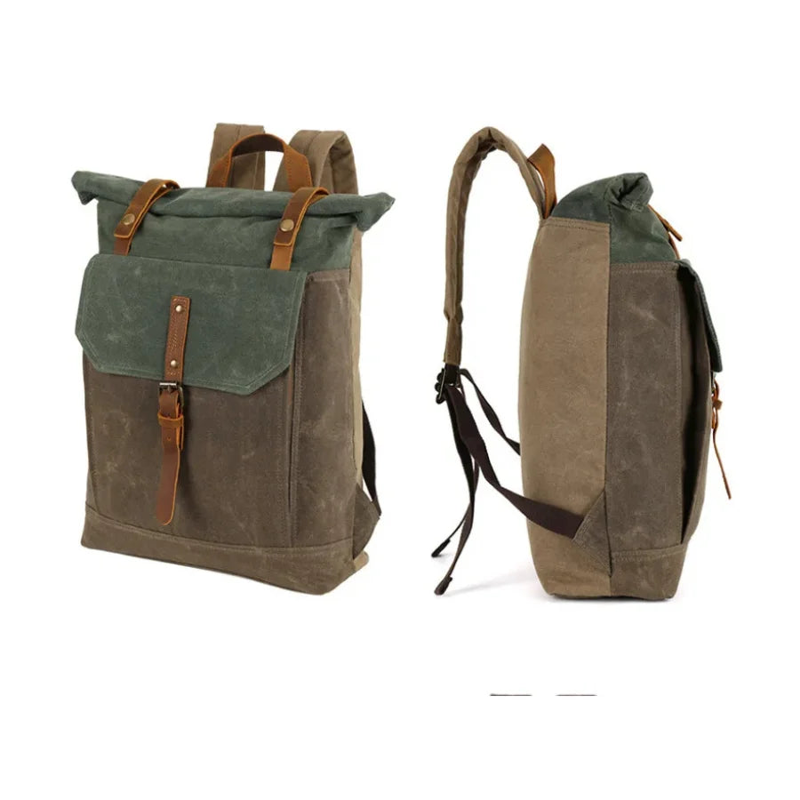 Men’s Waxed Canvas Roll Top Backpack - Crazy Horse Leather Trim