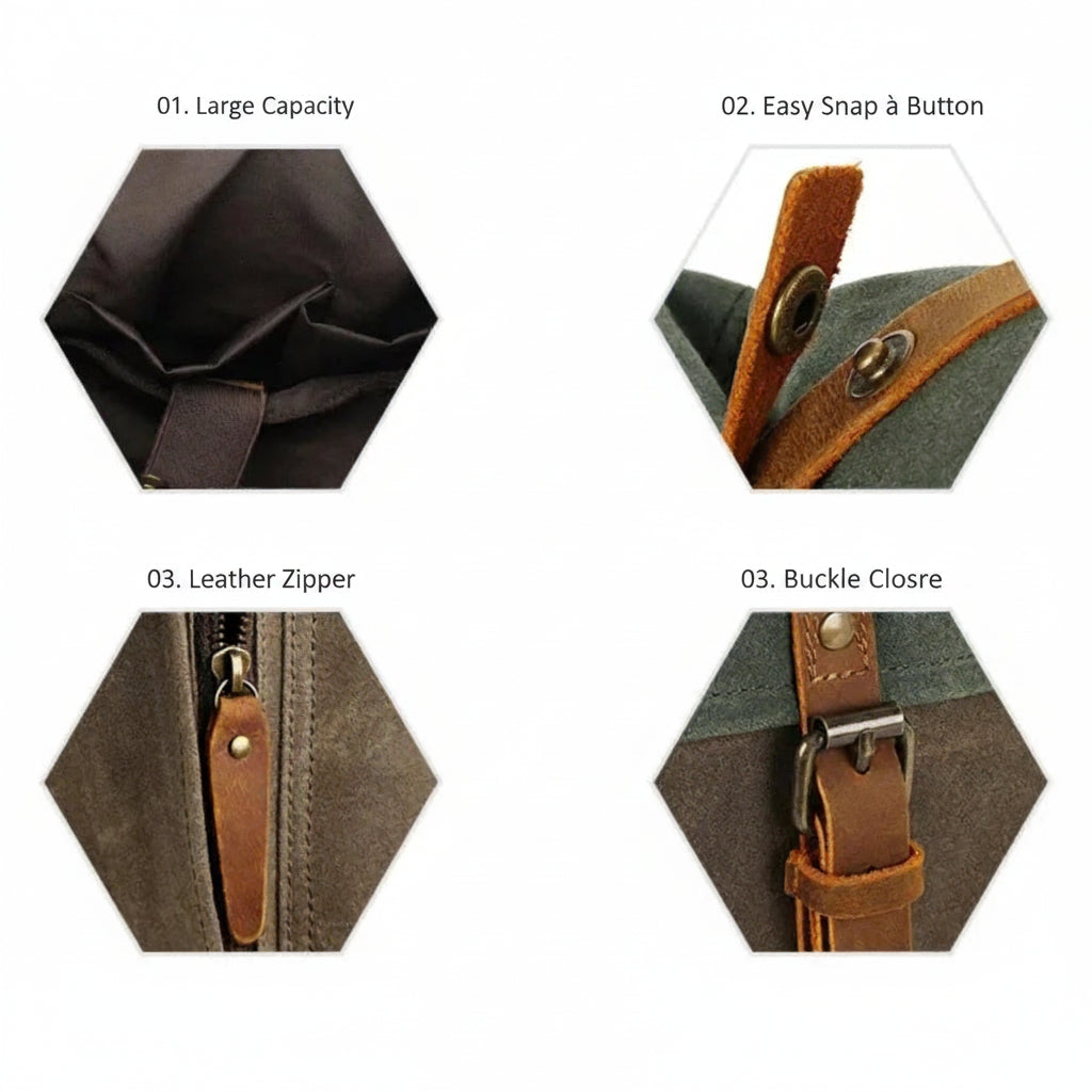 Men’s Waxed Canvas Roll Top Backpack - Crazy Horse Leather Trim