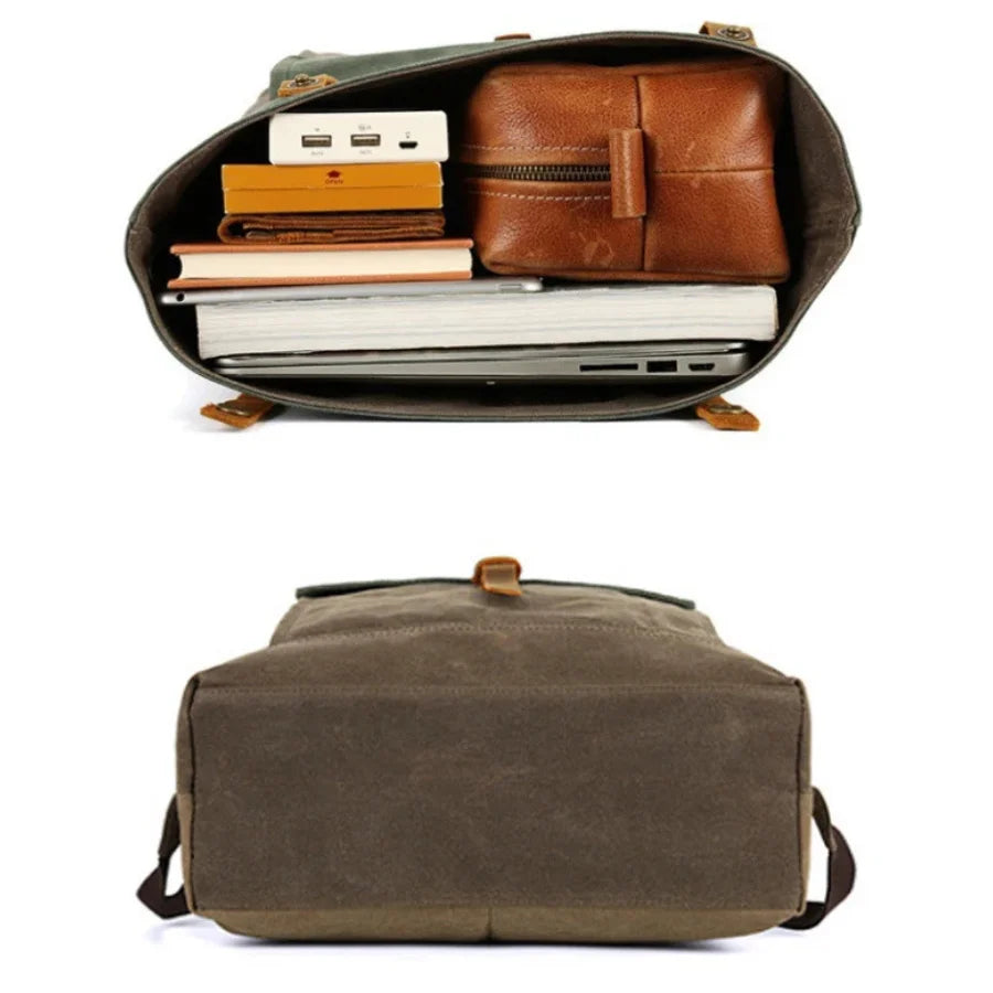 Men’s Waxed Canvas Roll Top Backpack - Crazy Horse Leather Trim