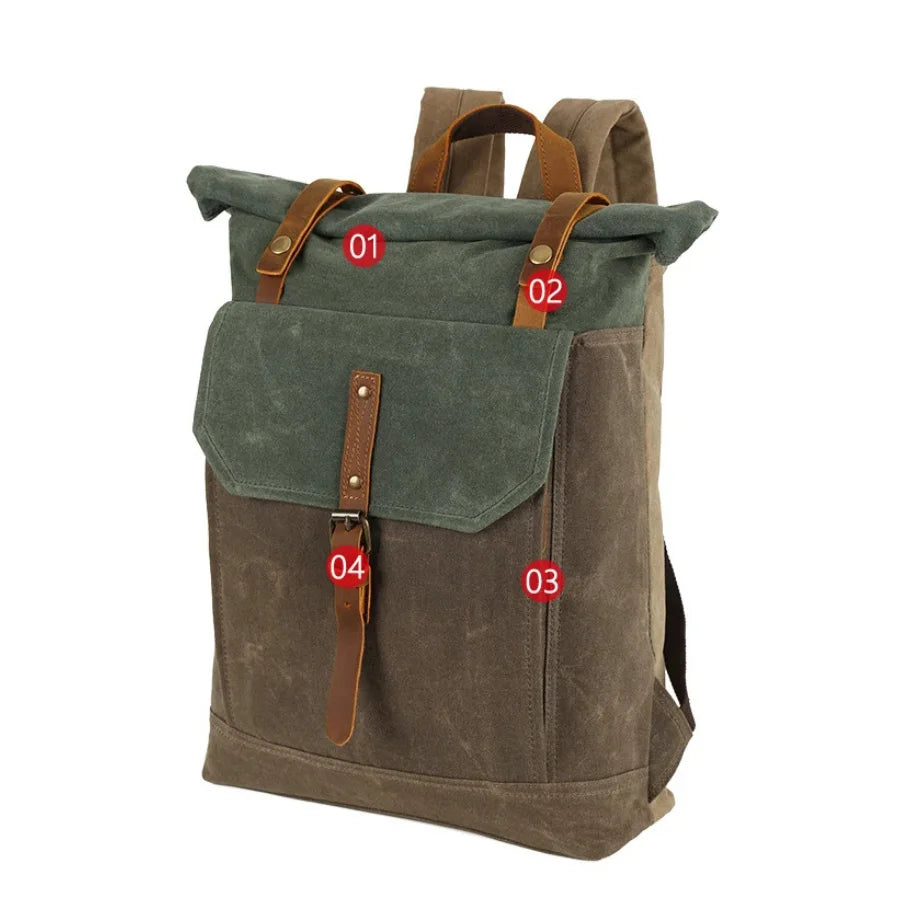 Men’s Waxed Canvas Roll Top Backpack - Crazy Horse Leather Trim