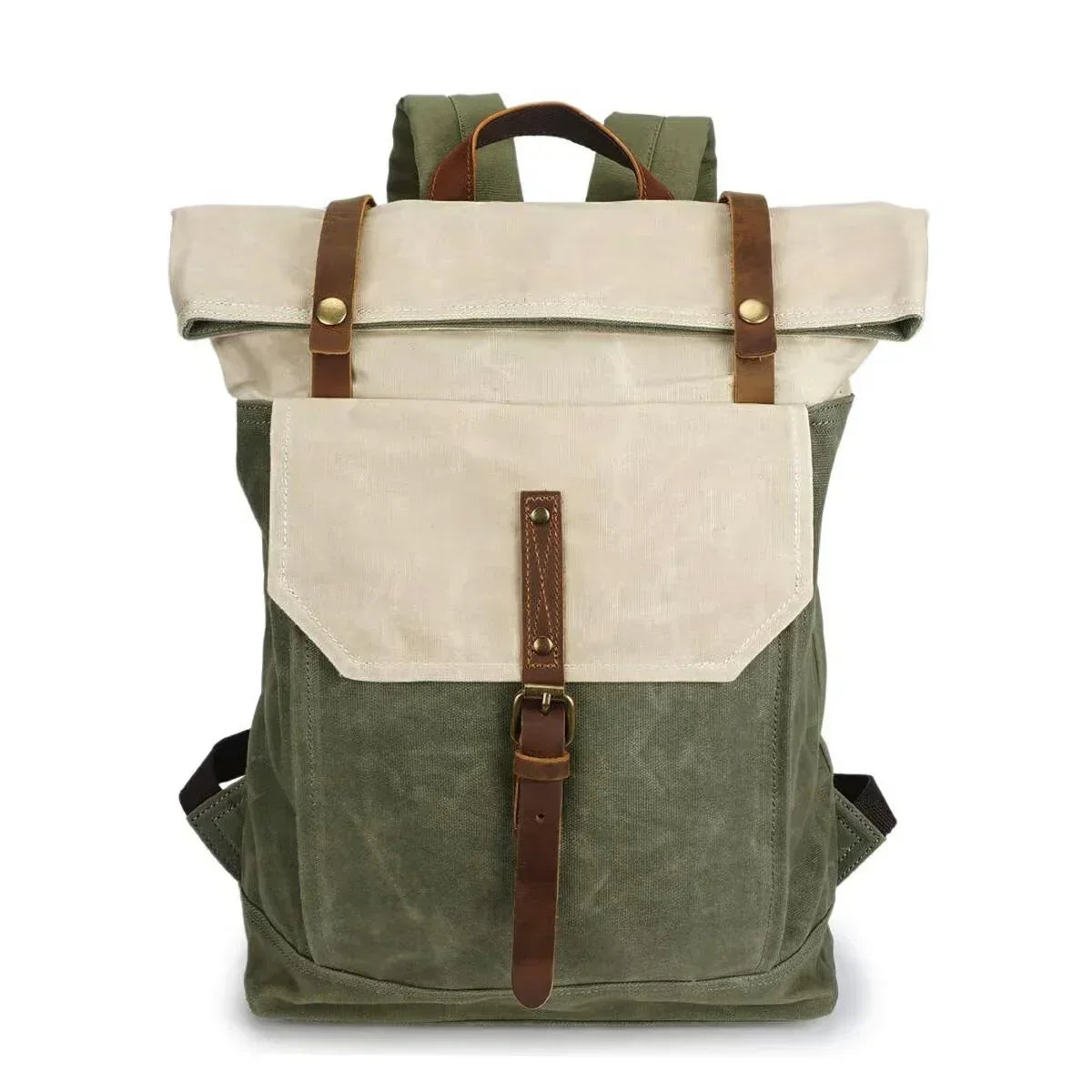 Men’s Waxed Canvas Roll Top Backpack - Crazy Horse Leather Trim - Beige