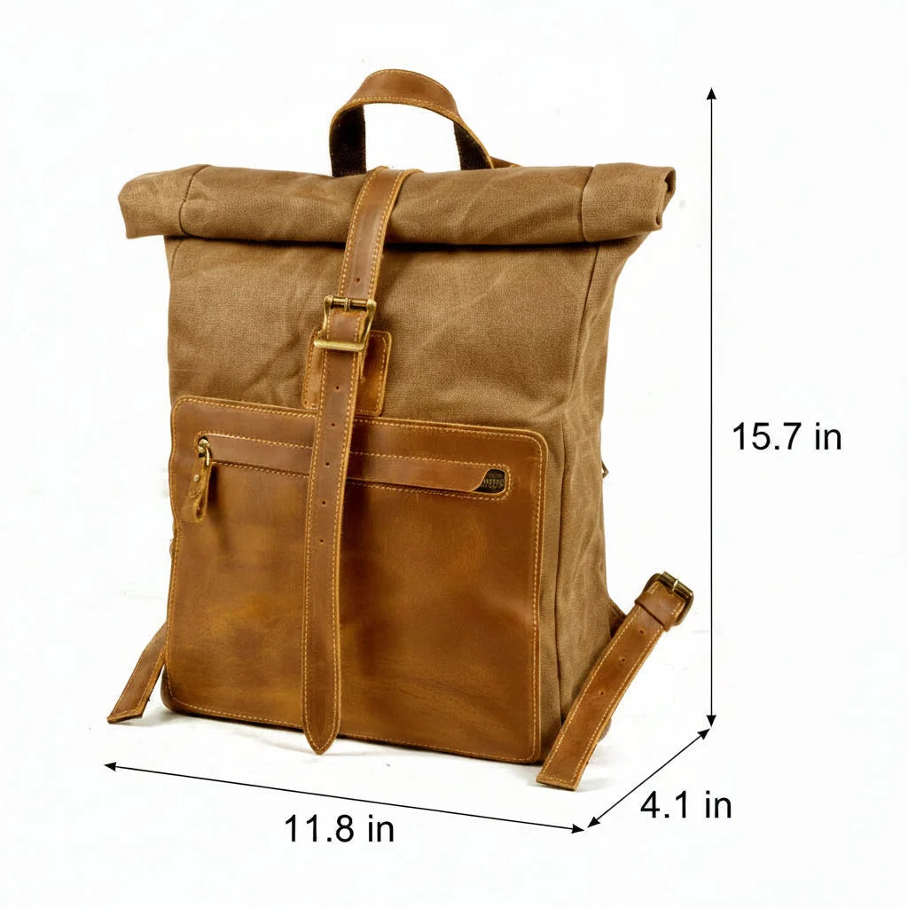 Men’s Waxed Canvas Roll-Top Backpack - Zip Front Pocket Rucksack