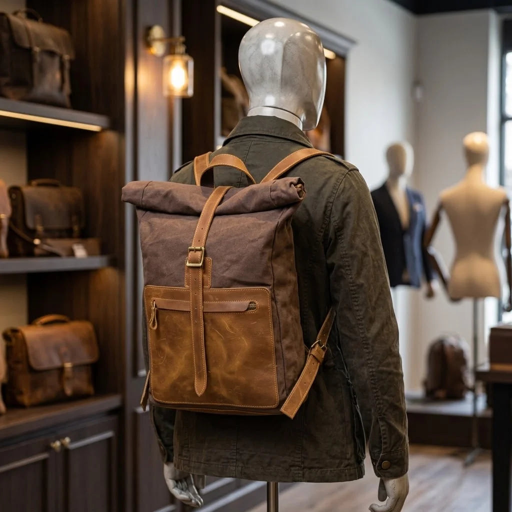 Men’s Waxed Canvas Roll-Top Backpack - Zip Front Pocket Rucksack