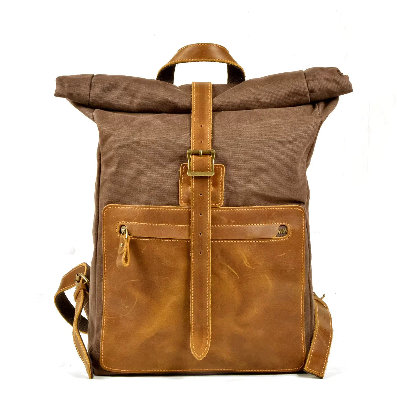 Men’s Waxed Canvas Roll-Top Backpack - Zip Front Pocket Rucksack - Coffee