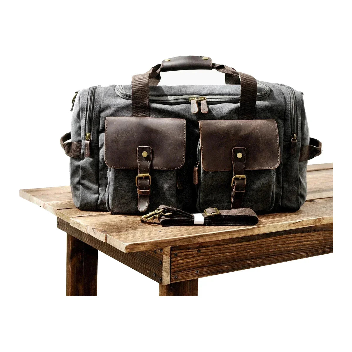 Men’s Waxed Canvas Weekender - Duffle Bag with Leather Pockets